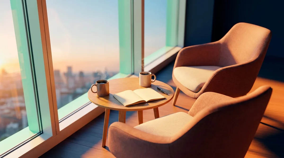 Two chairs by a window at sunrise, set for a one-on-one conversation