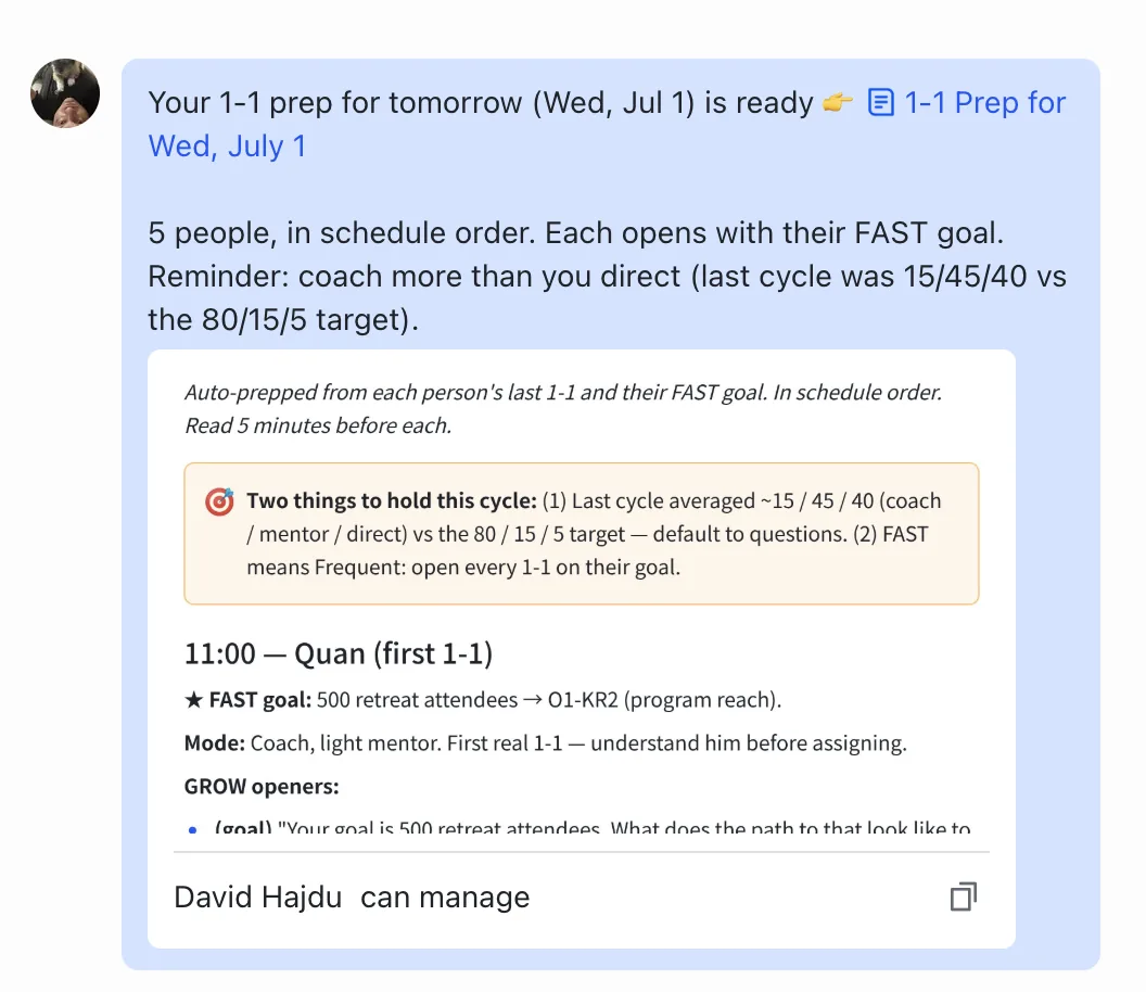A real prep message the AI coach generates before a one-on-one, pulled from Lark