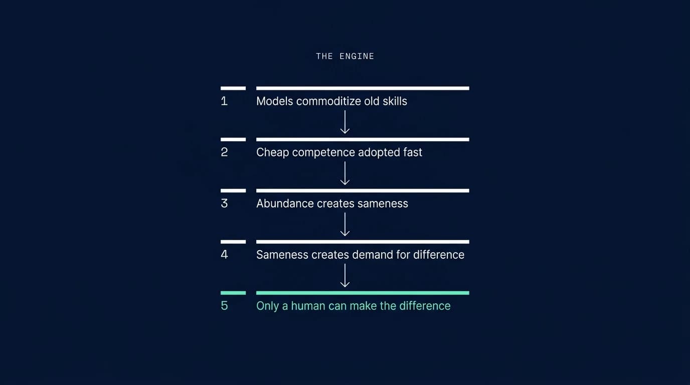 Five-step diagram of how cheap automation creates more human work, ending with only a human able to make the difference.